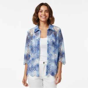 Alfred Dunner Blue Tie Dye Floral Medallion Lace Jacket Size Large Petite
